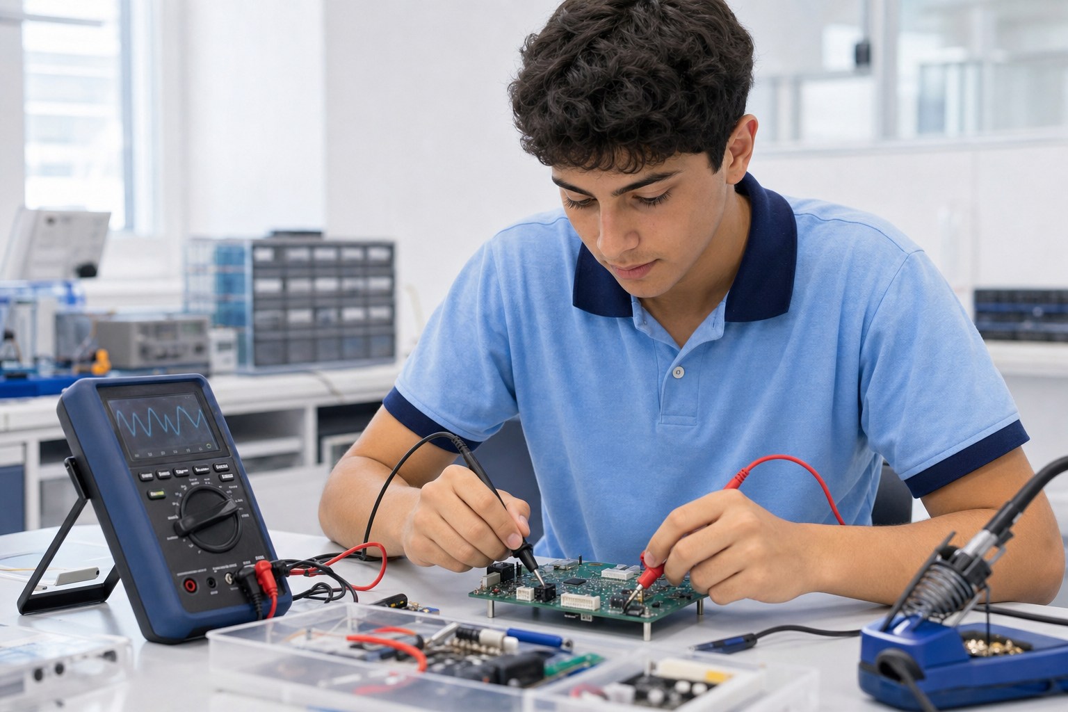 Older teen tests a circuit board using electronic measurement probes