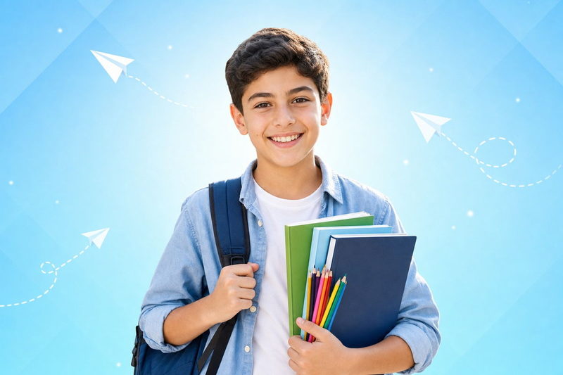 Smiling child student holds colored pencils and books with a backpack
