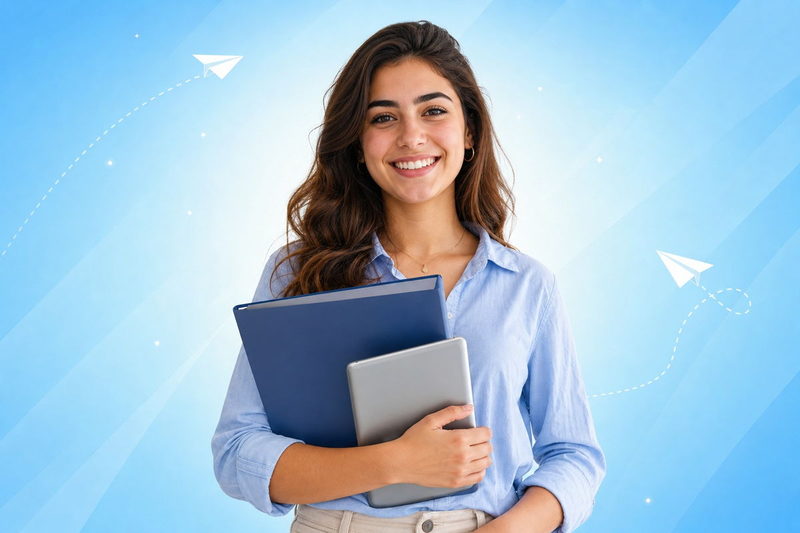 Smiling young adult student holds a folder and tablet