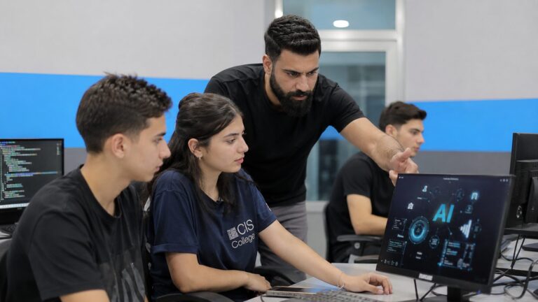 Instructor teaches students working on computers with AI interface visible on screen